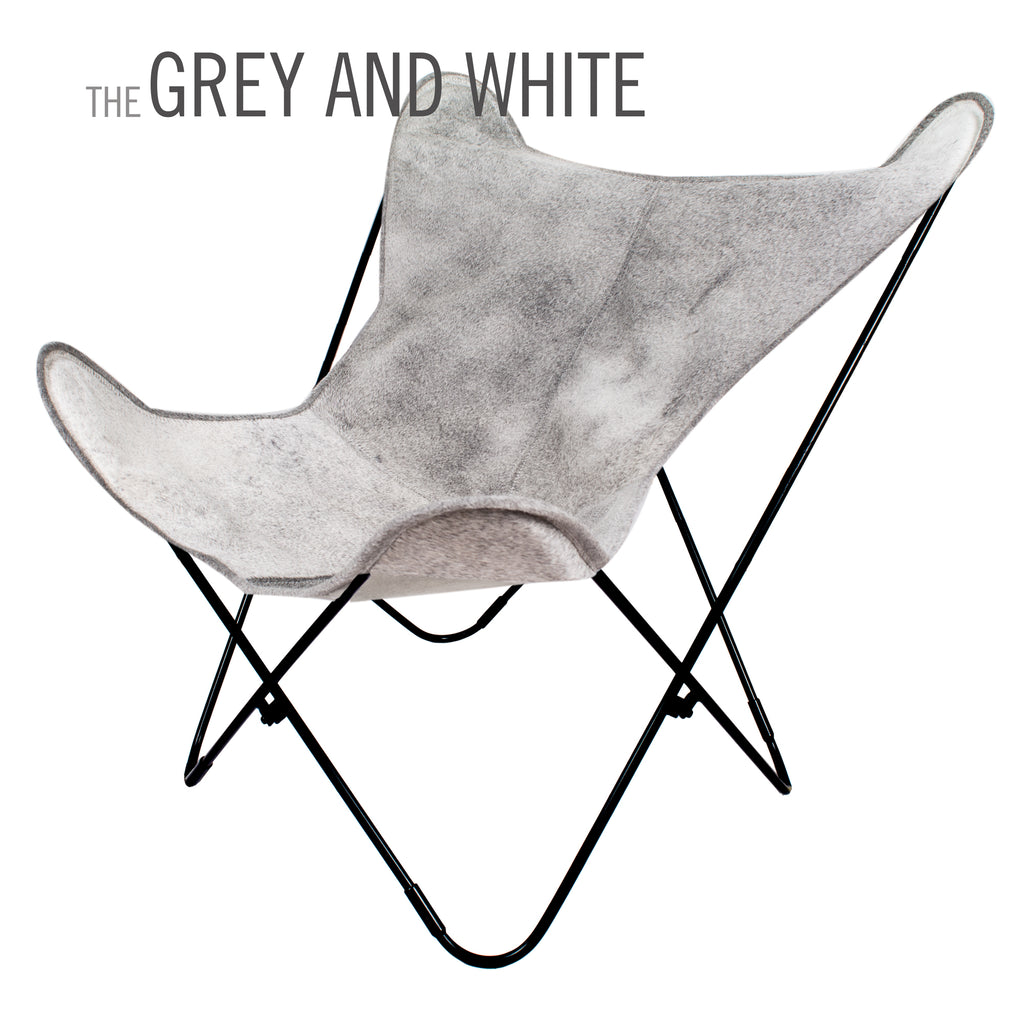 SILLA MARIPOSA DE PIEL VAQUETA GRIS Y BLANCO NIEVES EDICIÓN ESPECIAL