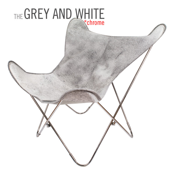 SPECIAL EDITION SNOWY WHITE AND GREY COWHIDE LEATHER BUTTERFLY CHAIR
