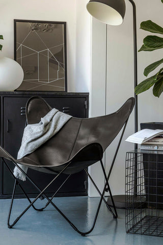 PIET MATTE BLACK PEBBLED LEATHER BUTTERFLY CHAIR