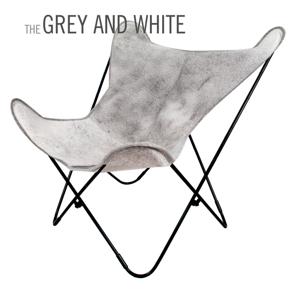 SPECIAL EDITION SNOWY WHITE AND GREY COWHIDE LEATHER BUTTERFLY CHAIR