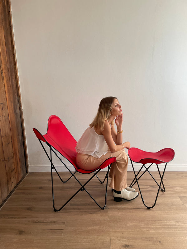 Polo 皮革蝴蝶椅带脚凳